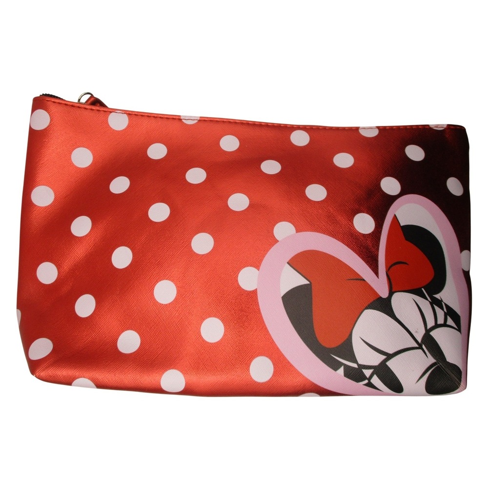 Disney Minnie Mouse Red Metallic Polka Dot Heart Makeup Bag Cosmetic Pouch